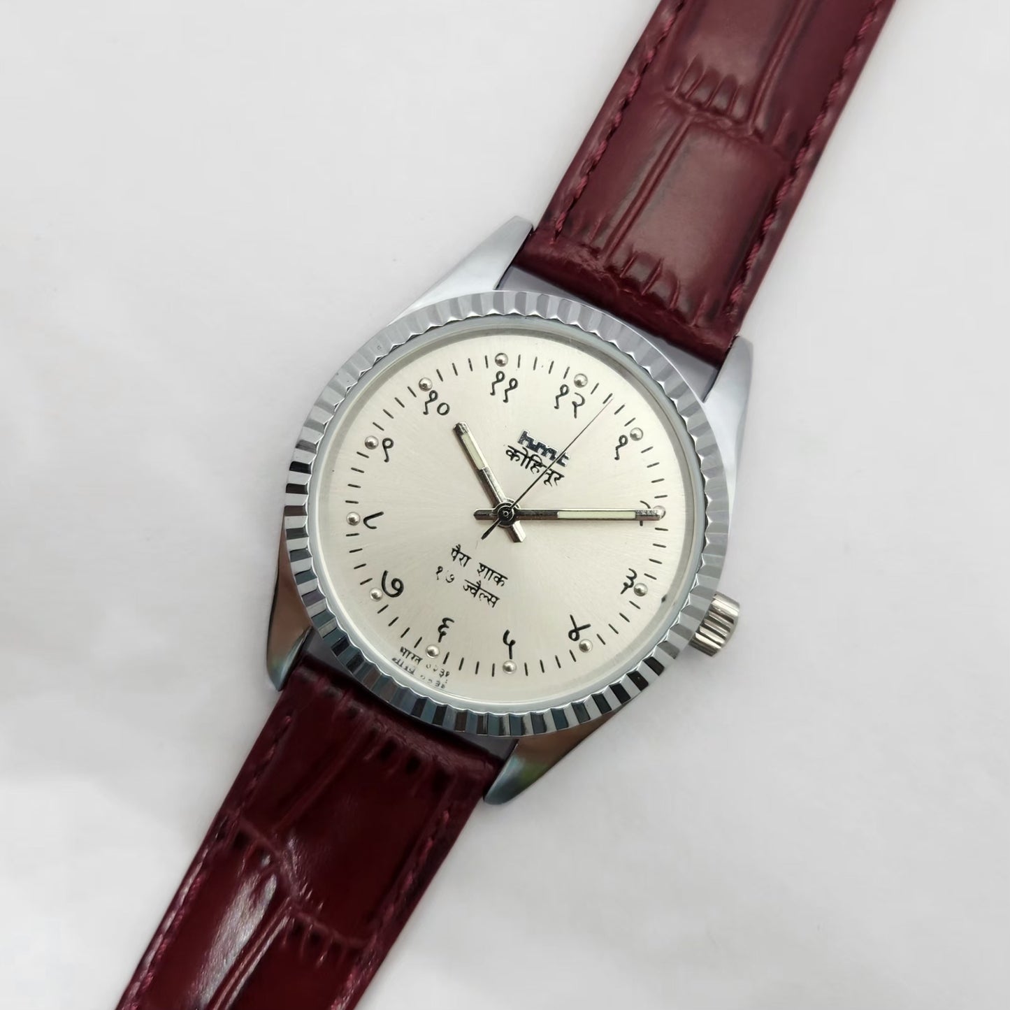 Vintage MOD HMT Kohinoor Devanagari Hand Winding Fluted Bazel SIlver Face Red Strap Men's Wrist Watch G29