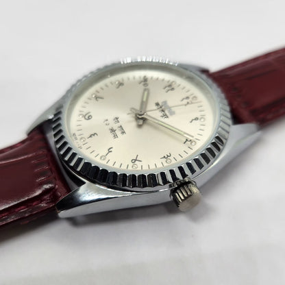 Vintage MOD HMT Kohinoor Devanagari Hand Winding Fluted Bazel SIlver Face Red Strap Men's Wrist Watch G29