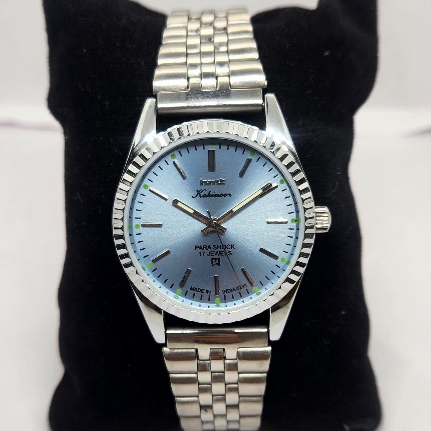 Vintage MOD HMT Kohinoor Hand Winding 17 Jewels Ice Blue Face Fluted Bezel Jubilee Bracelet Men's Wrist Watch G16