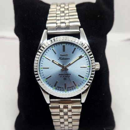 Vintage MOD HMT Kohinoor Hand Winding 17 Jewels Ice Blue Face Fluted Bezel Jubilee Bracelet Men's Wrist Watch G16