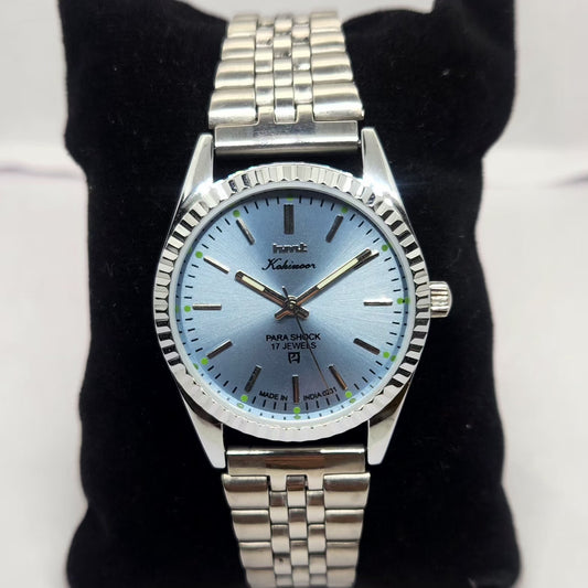 Vintage MOD HMT Kohinoor Hand Winding 17 Jewels Ice Blue Face Fluted Bezel Jubilee Bracelet Men's Wrist Watch G16