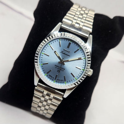 Vintage MOD HMT Kohinoor Hand Winding 17 Jewels Ice Blue Face Fluted Bezel Jubilee Bracelet Men's Wrist Watch G16