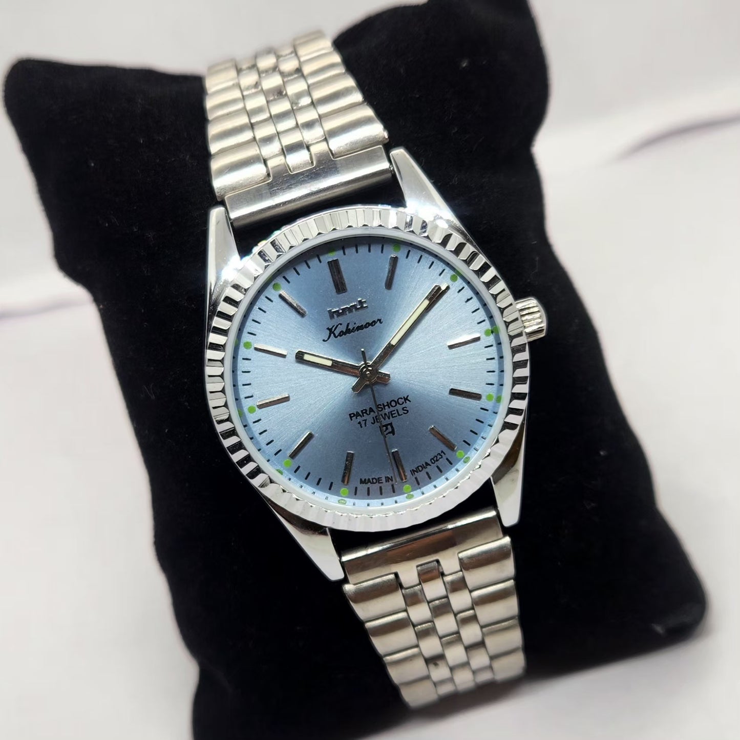 Vintage MOD HMT Kohinoor Hand Winding 17 Jewels Ice Blue Face Fluted Bezel Jubilee Bracelet Men's Wrist Watch G16
