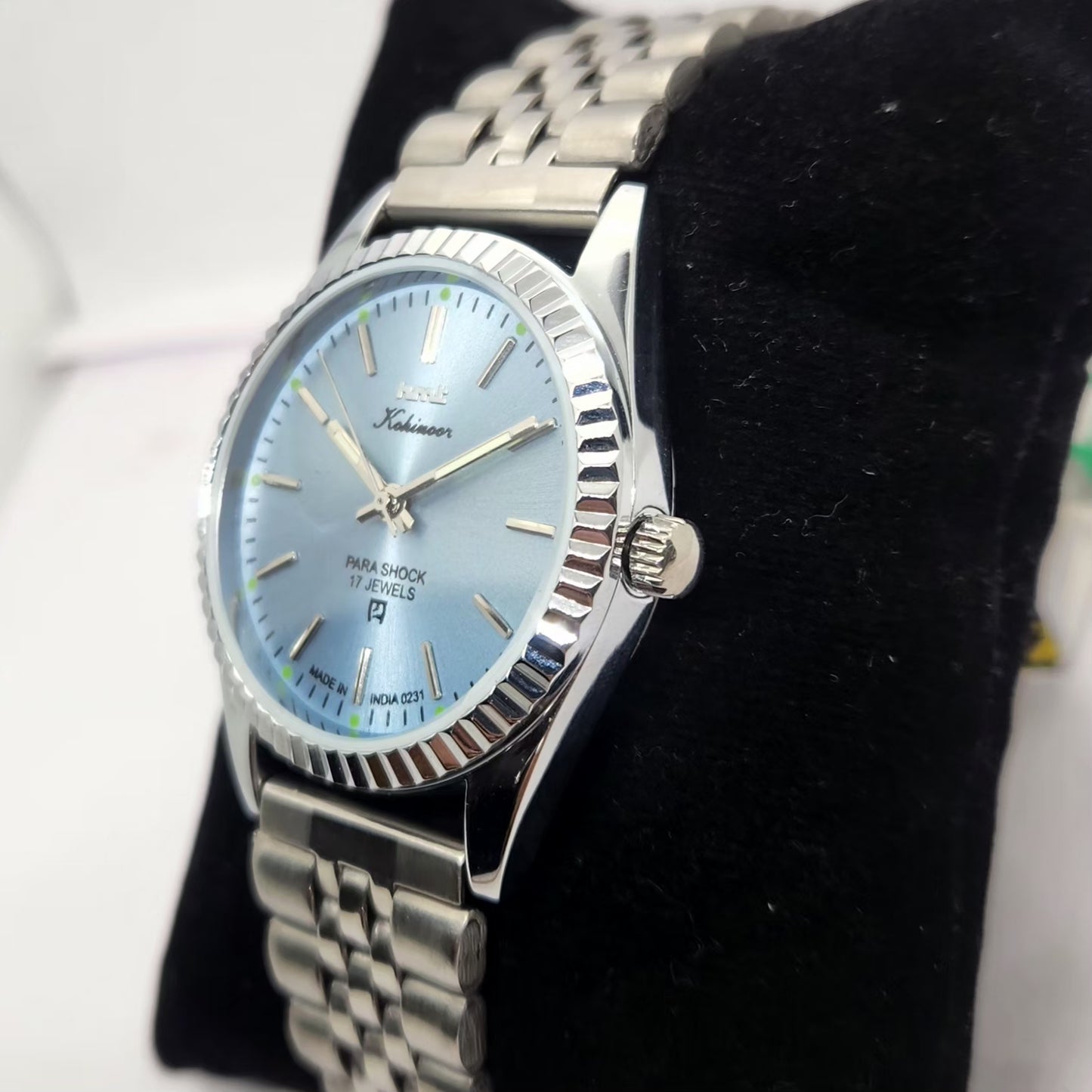 Vintage MOD HMT Kohinoor Hand Winding 17 Jewels Ice Blue Face Fluted Bezel Jubilee Bracelet Men's Wrist Watch G16