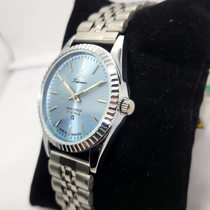 Vintage MOD HMT Kohinoor Hand Winding 17 Jewels Ice Blue Face Fluted Bezel Jubilee Bracelet Men's Wrist Watch G16