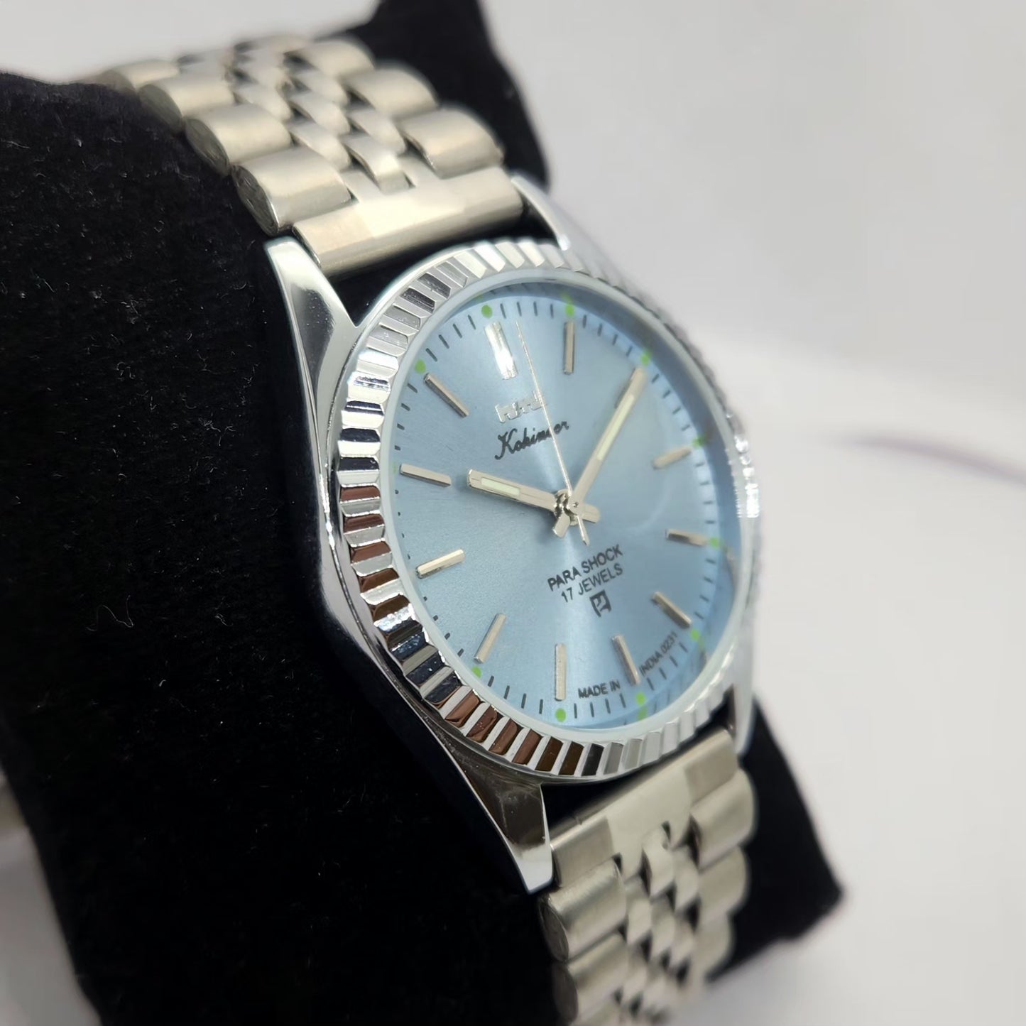 Vintage MOD HMT Kohinoor Hand Winding 17 Jewels Ice Blue Face Fluted Bezel Jubilee Bracelet Men's Wrist Watch G16
