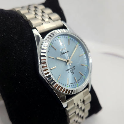 Vintage MOD HMT Kohinoor Hand Winding 17 Jewels Ice Blue Face Fluted Bezel Jubilee Bracelet Men's Wrist Watch G16