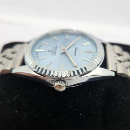 Vintage MOD HMT Kohinoor Hand Winding 17 Jewels Ice Blue Face Fluted Bezel Jubilee Bracelet Men's Wrist Watch G16