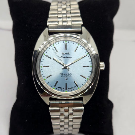 Vintage MOD HMT Kohinoor Hand Winding 17 Jewels Ice Blue Face Jubilee Bracelet Men's Wrist Watch