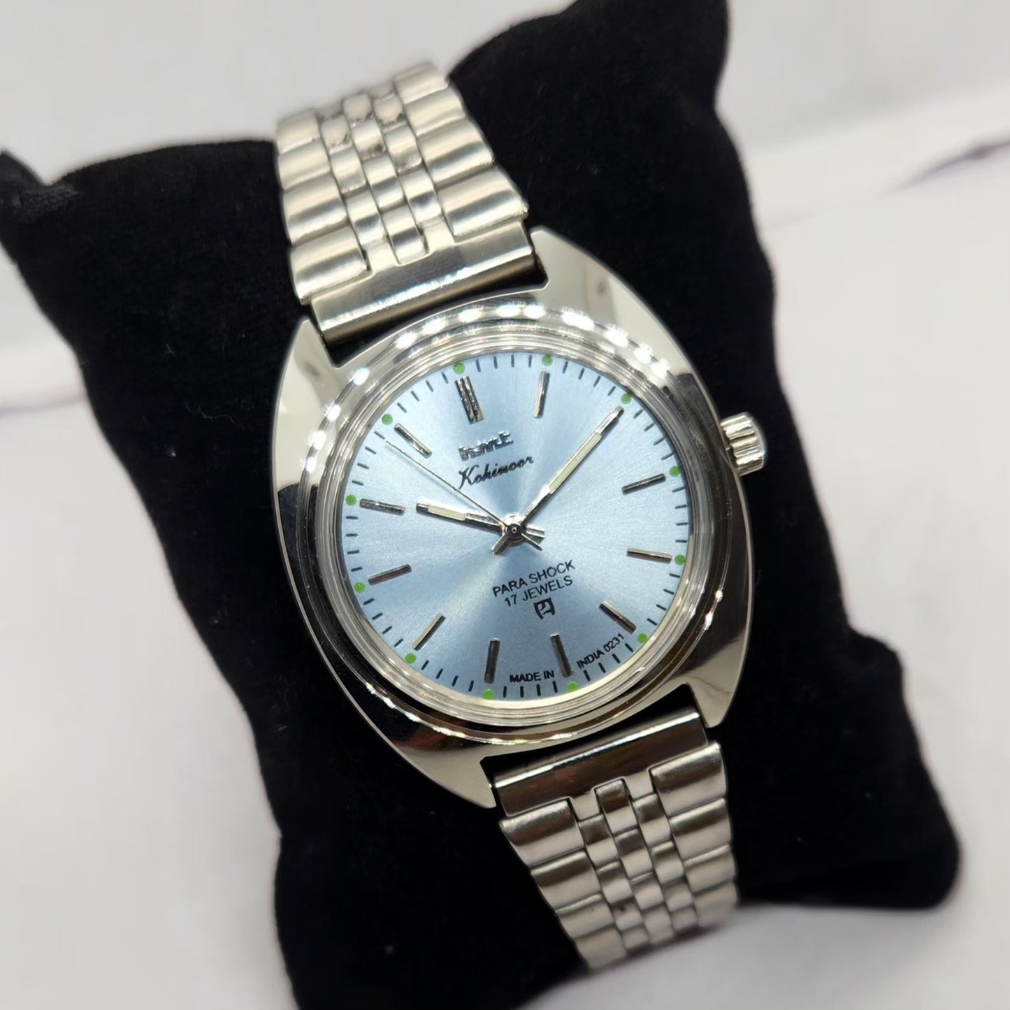 Vintage MOD HMT Kohinoor Hand Winding 17 Jewels Ice Blue Face Jubilee Bracelet Men's Wrist Watch