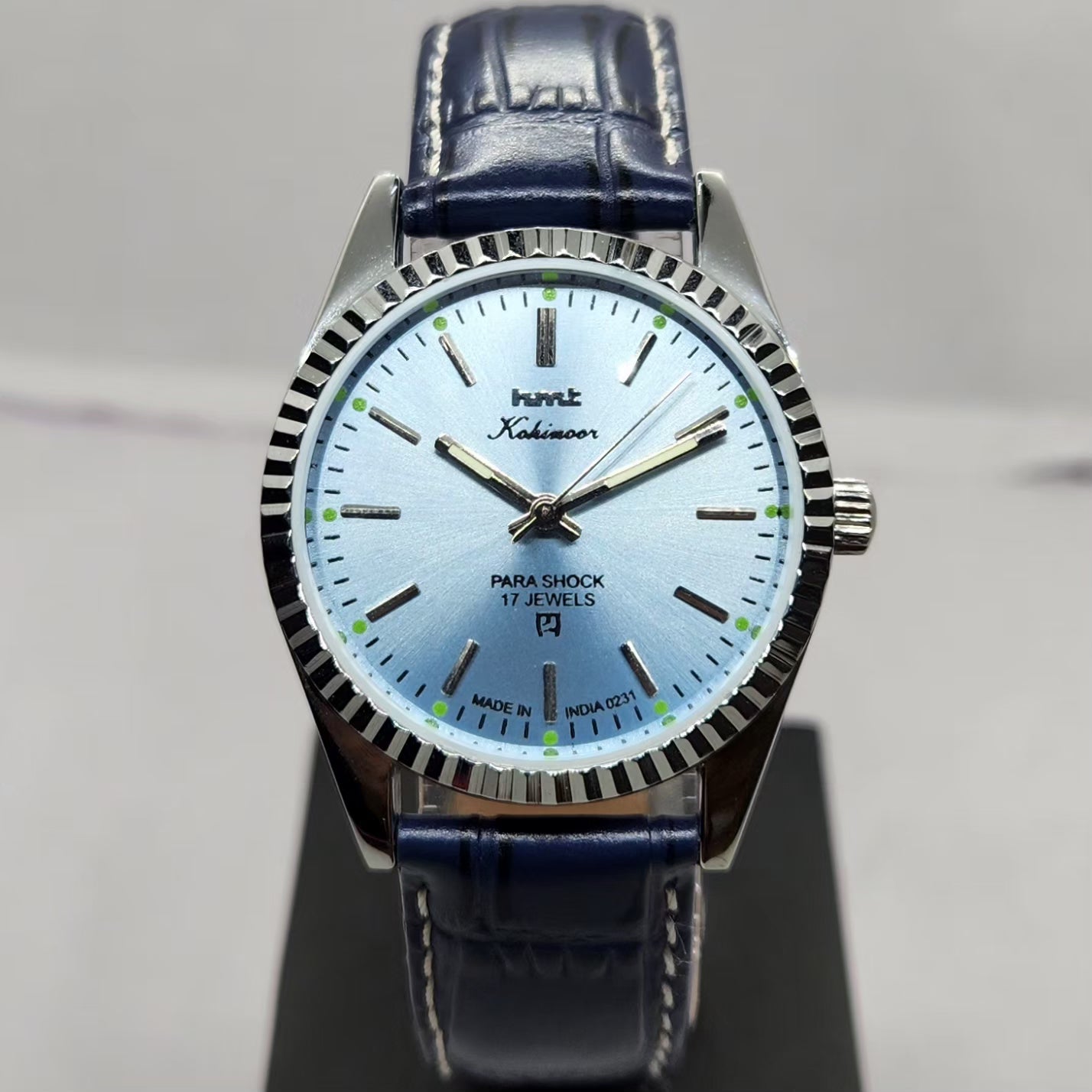 Vintage MOD HMT Kohinoor Hand Winding 17 Jewels Ice blue Face Fluted Bezel blue Leather strap Men's Wrist Watch G38