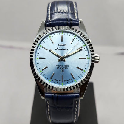 Vintage MOD HMT Kohinoor Hand Winding 17 Jewels Ice blue Face Fluted Bezel blue Leather strap Men's Wrist Watch G38