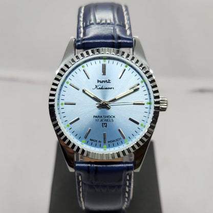 Vintage MOD HMT Kohinoor Hand Winding 17 Jewels Ice blue Face Fluted Bezel blue Leather strap Men's Wrist Watch G38