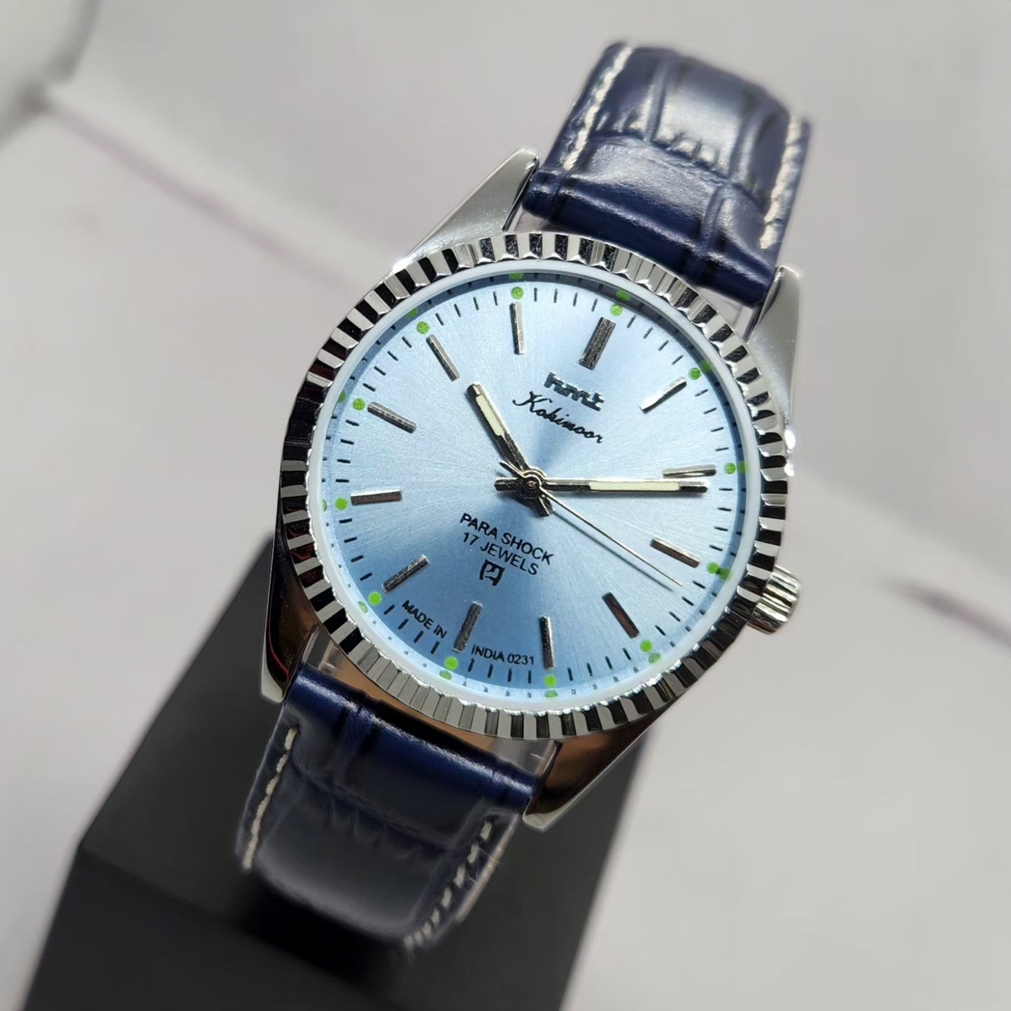 Vintage MOD HMT Kohinoor Hand Winding 17 Jewels Ice blue Face Fluted Bezel blue Leather strap Men's Wrist Watch G38