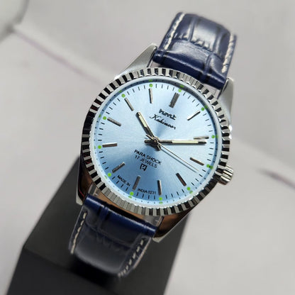 Vintage MOD HMT Kohinoor Hand Winding 17 Jewels Ice blue Face Fluted Bezel blue Leather strap Men's Wrist Watch G38