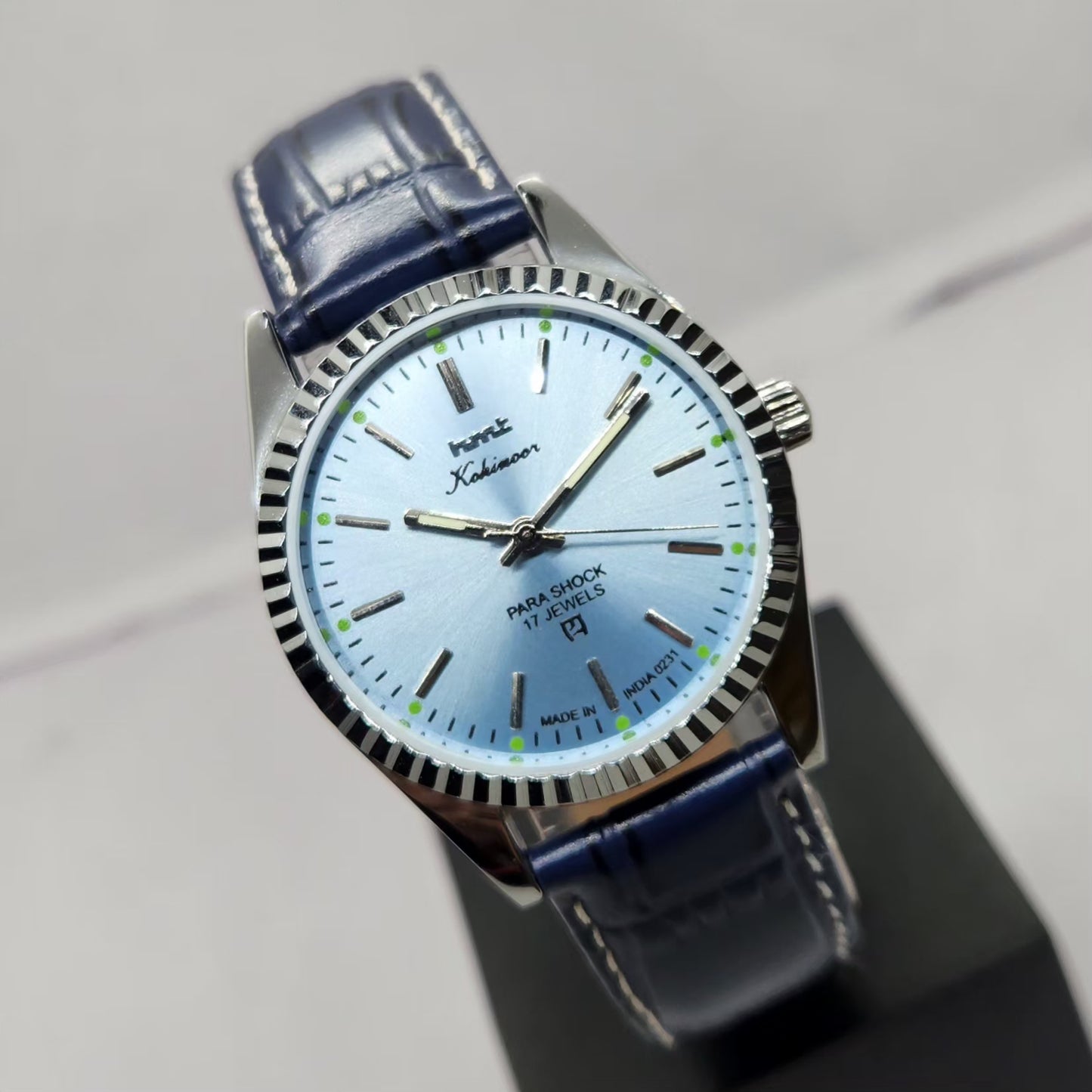 Vintage MOD HMT Kohinoor Hand Winding 17 Jewels Ice blue Face Fluted Bezel blue Leather strap Men's Wrist Watch G38