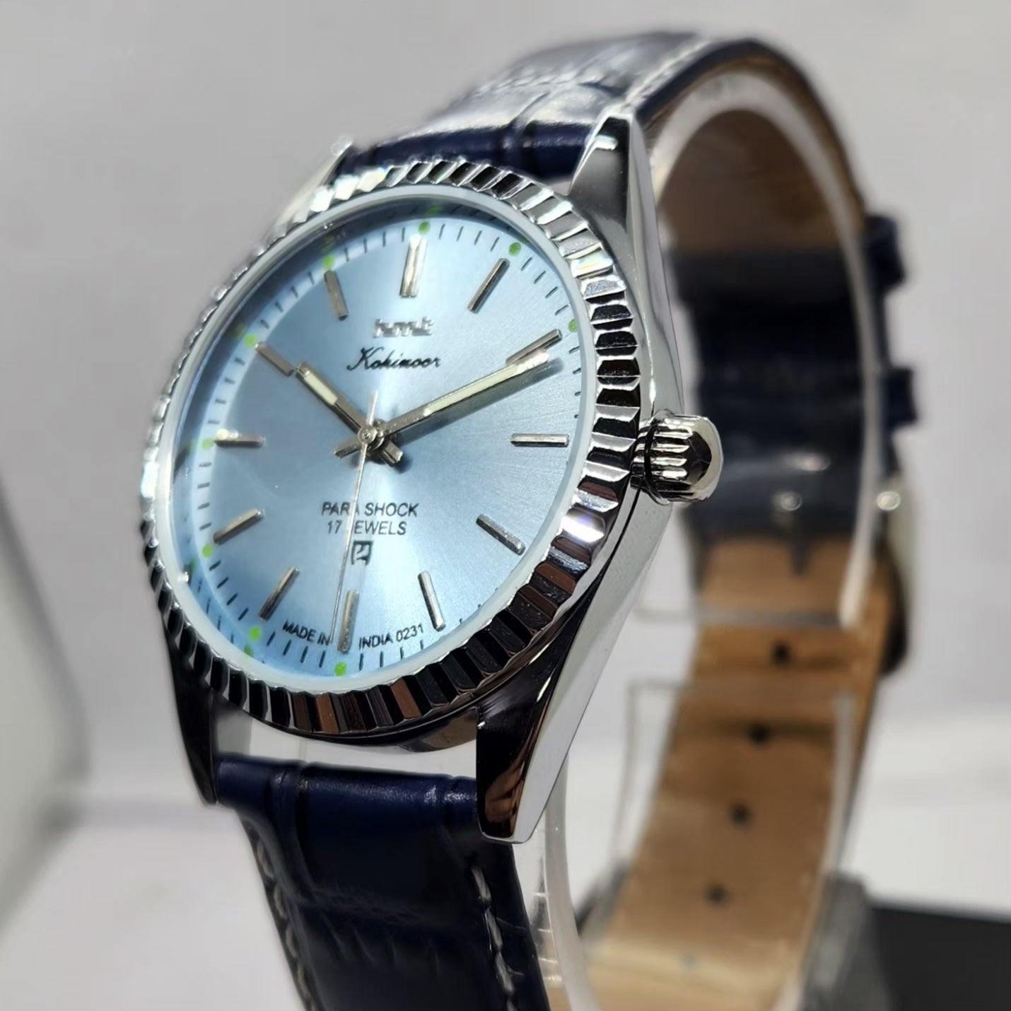Vintage MOD HMT Kohinoor Hand Winding 17 Jewels Ice blue Face Fluted Bezel blue Leather strap Men's Wrist Watch G38
