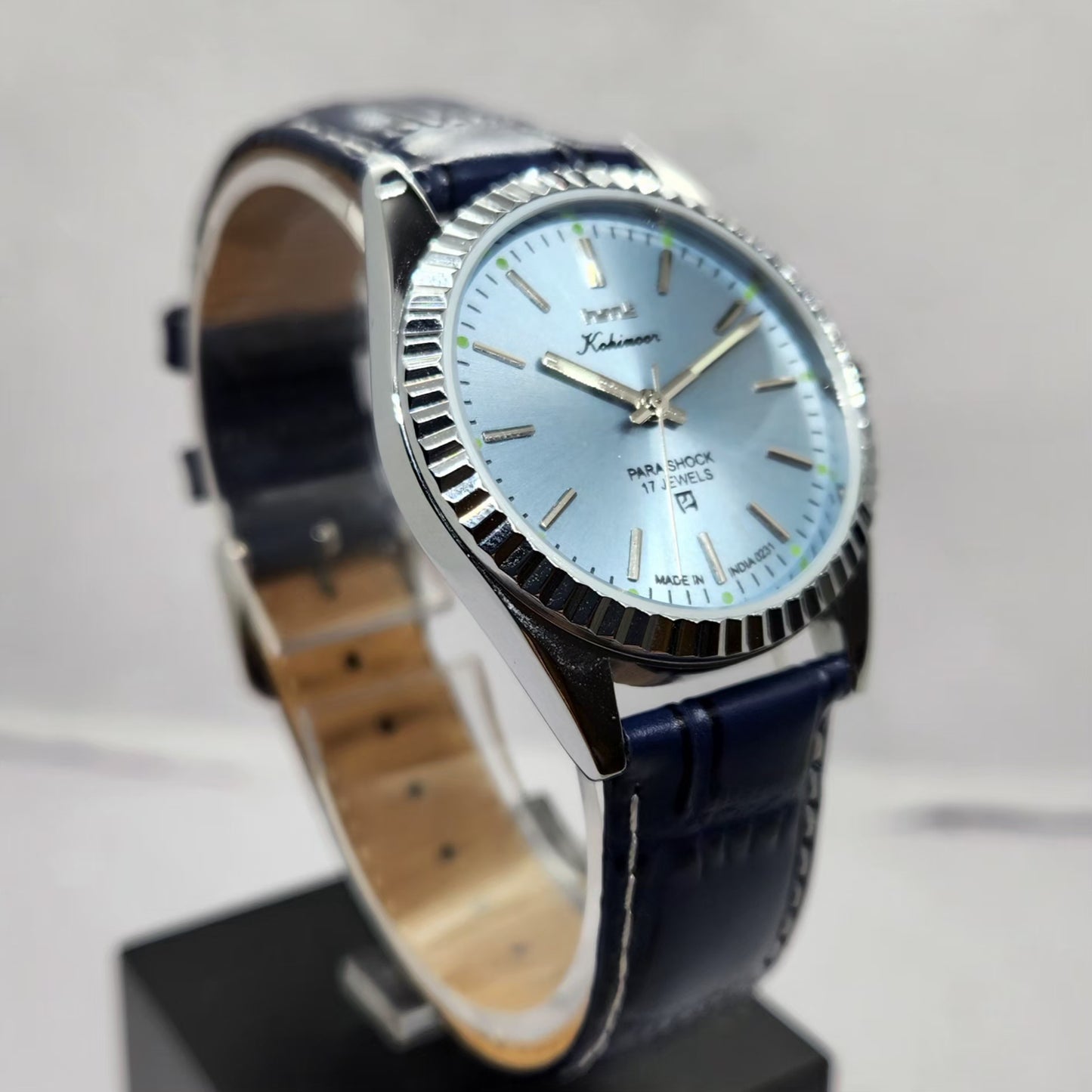 Vintage MOD HMT Kohinoor Hand Winding 17 Jewels Ice blue Face Fluted Bezel blue Leather strap Men's Wrist Watch G38