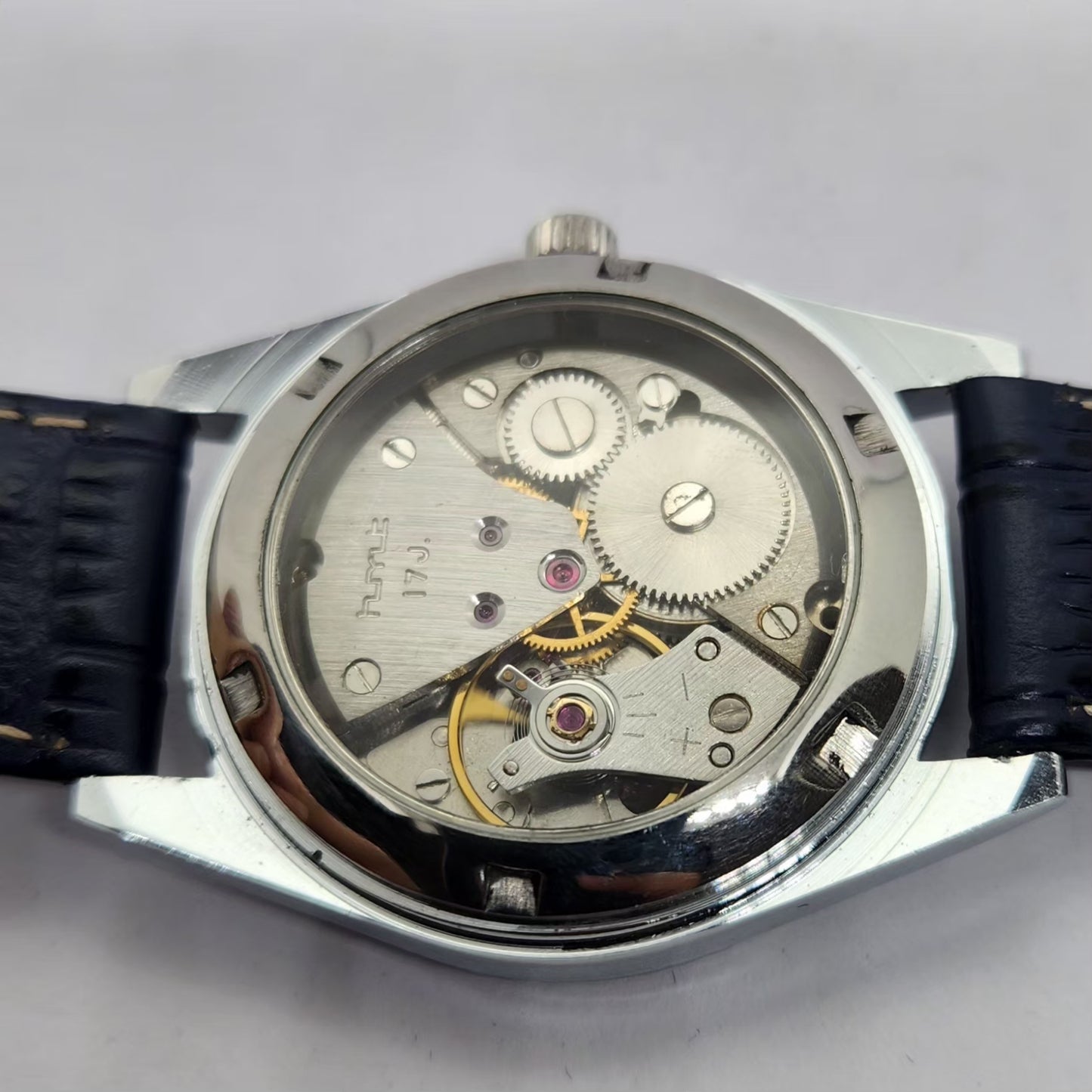 Vintage MOD HMT Kohinoor Hand Winding 17 Jewels Ice blue Face Fluted Bezel blue Leather strap Men's Wrist Watch G38