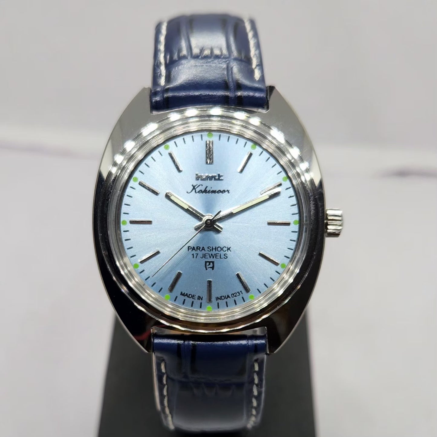Vintage MOD HMT Kohinoor Hand Winding 17 Jewels Ice Blue Face Blue Strap Men's Wrist Watch