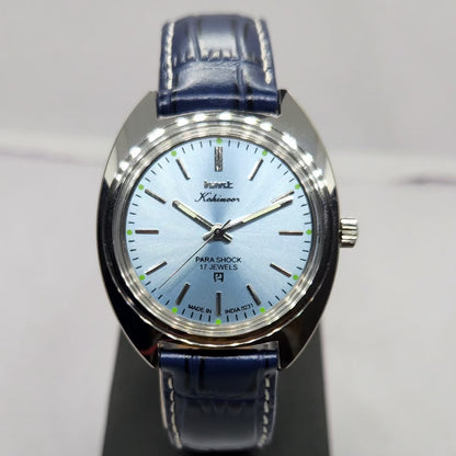 Vintage MOD HMT Kohinoor Hand Winding 17 Jewels Ice Blue Face Blue Strap Men's Wrist Watch
