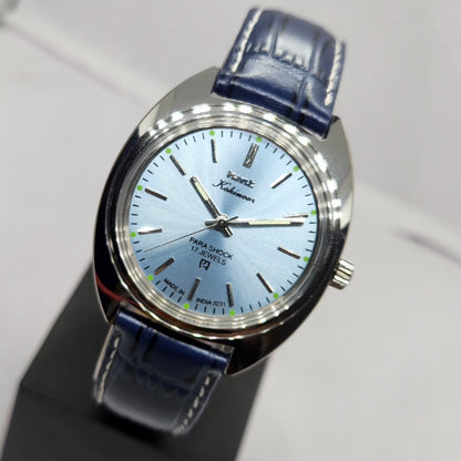Vintage MOD HMT Kohinoor Hand Winding 17 Jewels Ice Blue Face Blue Strap Men's Wrist Watch