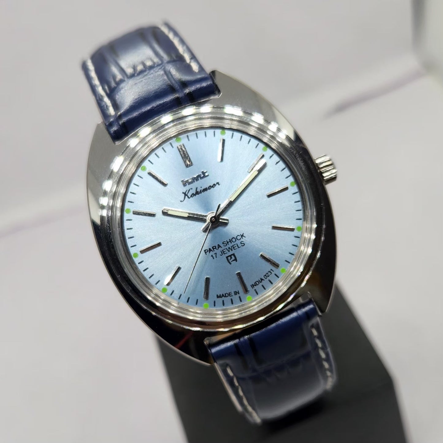 Vintage MOD HMT Kohinoor Hand Winding 17 Jewels Ice Blue Face Blue Strap Men's Wrist Watch