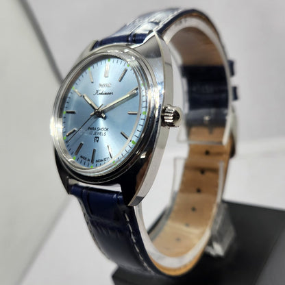 Vintage MOD HMT Kohinoor Hand Winding 17 Jewels Ice Blue Face Blue Strap Men's Wrist Watch