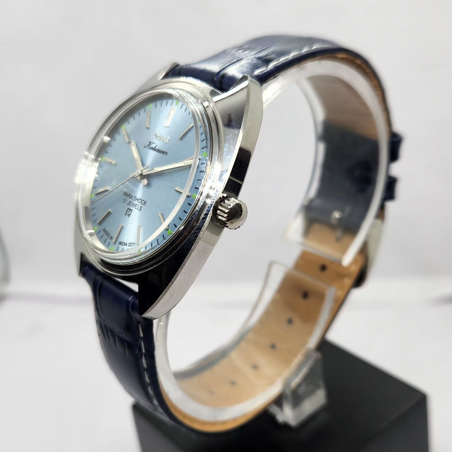 Vintage MOD HMT Kohinoor Hand Winding 17 Jewels Ice Blue Face Blue Strap Men's Wrist Watch