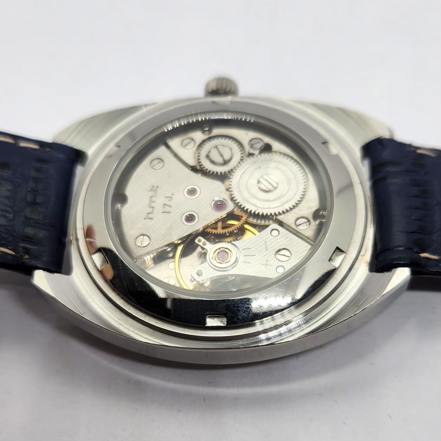 Vintage MOD HMT Kohinoor Hand Winding 17 Jewels Ice Blue Face Blue Strap Men's Wrist Watch