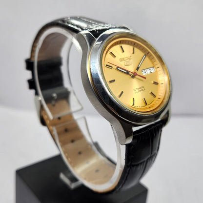 Vintage 1980 Original Seiko 5 Automatic 7S26 Gold Face 21 Jewels Day-Date Japanese Men's Wrist Watch OG322
