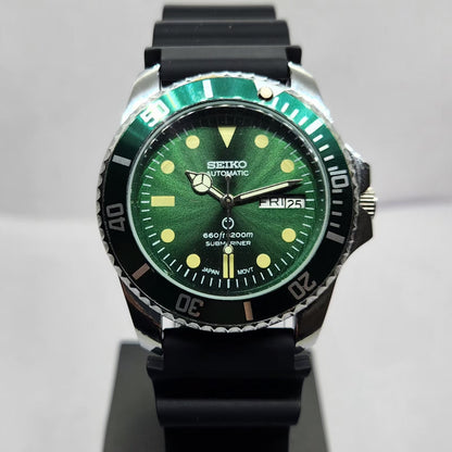 Vintage MOD Seiko Sports Automatic Cal. 6309 17 Jewels Green Face Black Silicone Strap Rotating Bezel Men's Wrist Watch P2