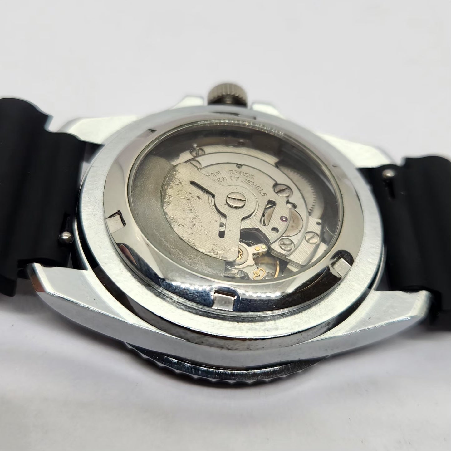 Vintage MOD Seiko Sports Automatic Cal. 6309 17 Jewels Green Face Black Silicone Strap Rotating Bezel Men's Wrist Watch P2