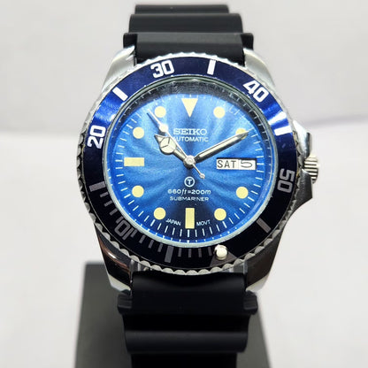 Vintage MOD Seiko Sports Automatic Cal. 6309 17 Jewels Blue Face Black Silicone Strap Rotating Bezel Men's Wrist Watch P3