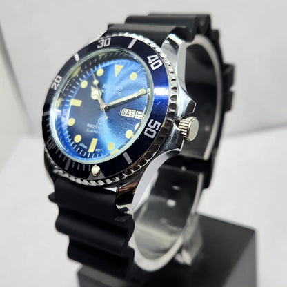 Vintage MOD Seiko Sports Automatic Cal. 6309 17 Jewels Blue Face Black Silicone Strap Rotating Bezel Men's Wrist Watch P3