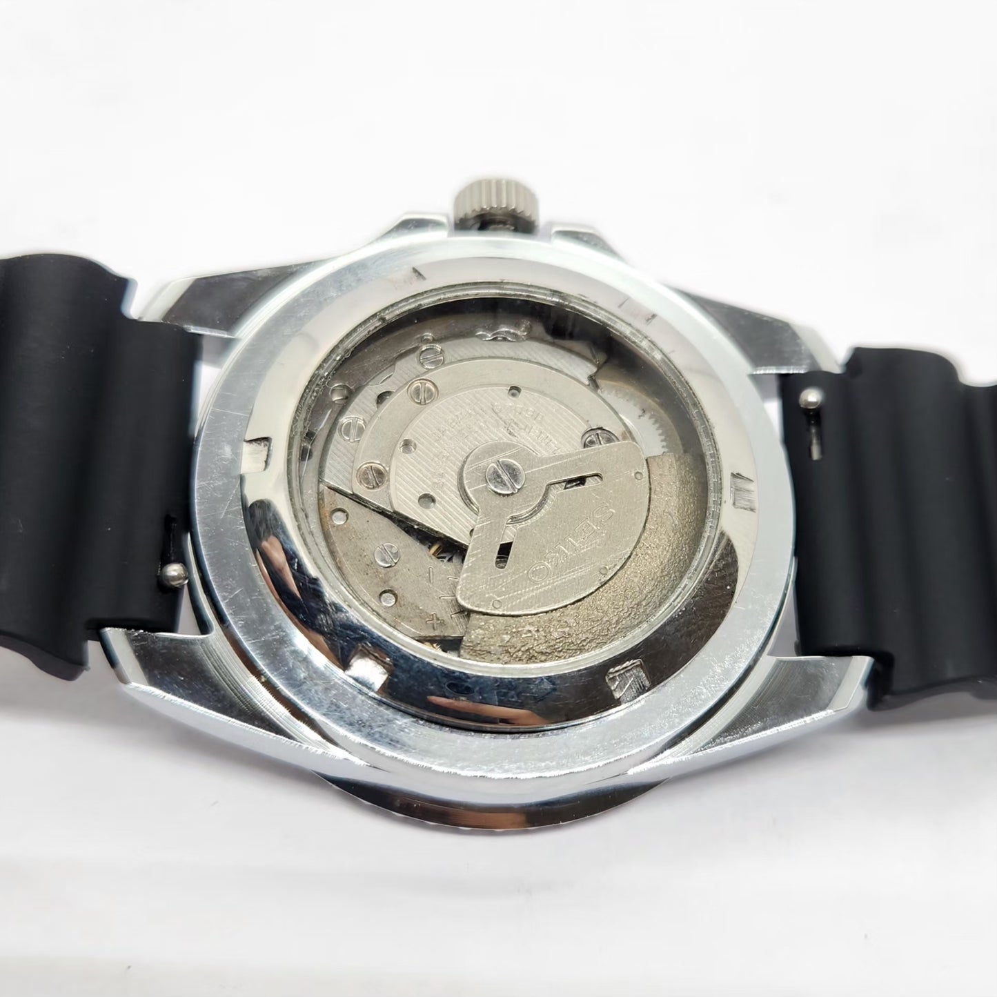 Vintage MOD Seiko Sports Automatic Cal. 6309 17 Jewels Blue Face Black Silicone Strap Rotating Bezel Men's Wrist Watch P3