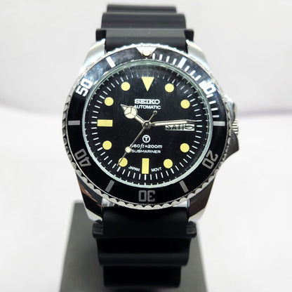 Vintage MOD Seiko Sports Automatic Cal. 6309 17 Jewels Black Face Black Silicone Strap Rotating Bezel Men's Wrist Watch P4