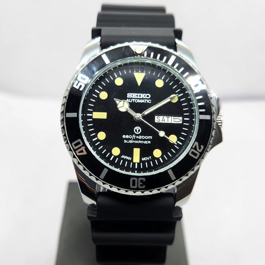 Vintage MOD Seiko Sports Automatic Cal. 6309 17 Jewels Black Face Black Silicone Strap Rotating Bezel Men's Wrist Watch P4