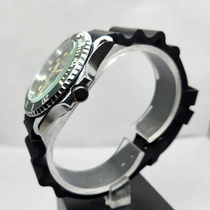 Vintage MOD Seiko Sports Automatic Cal. 6309 17 Jewels Green Face Black Silicone Strap Rotating Bezel Men's Wrist Watch P5