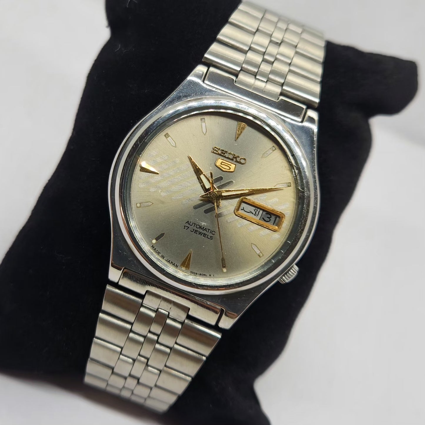 Vintage 1985 Original Seiko 5 Automatic 7009-3170 Silver Face 17 Jewels Day-Date Japanese Men's Wrist Watch OG329