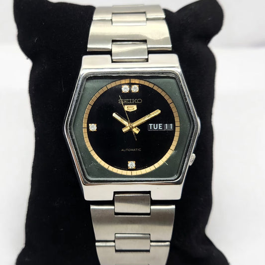 Vintage 1981 Original Seiko 5 Automatic 6309-5450 Black Face 17 Jewels Day-Date Japanese Men's Wrist Watch OG332