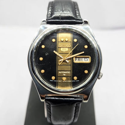Vintage 1976 Original Seiko 5 Automatic 7009-3070 Black & Gold Face 17 Jewels Day-Date Japanese Men's Wrist Watch OG349