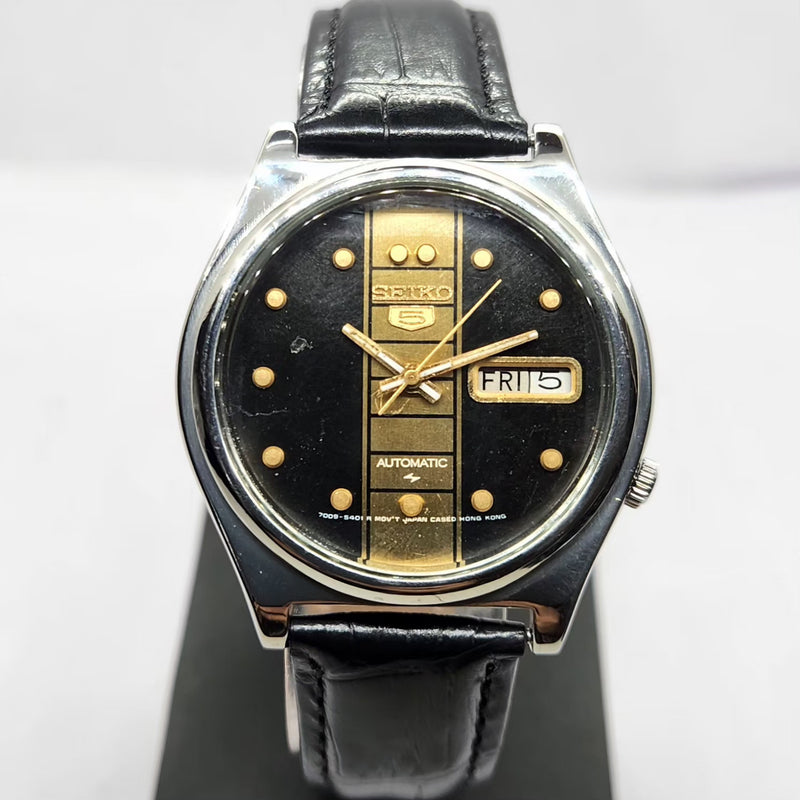 Vintage 1976 Original Seiko 5 Automatic 7009-3070 Black & Gold Face 17 Jewels Day-Date Japanese Men's Wrist Watch OG349