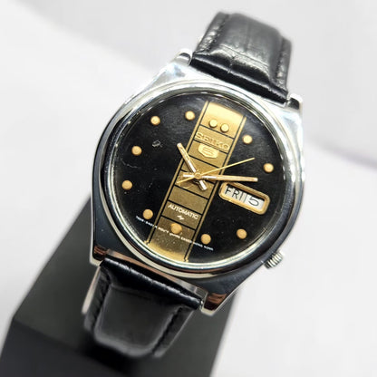 Vintage 1976 Original Seiko 5 Automatic 7009-3070 Black & Gold Face 17 Jewels Day-Date Japanese Men's Wrist Watch OG349