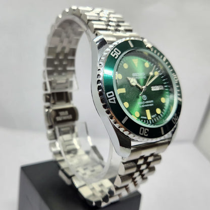 Vintage MOD Seiko Sports Automatic Cal. 6309 17 Jewels Green Face Jubilee Bracelet Rotating Bezel Men's Wrist Watch P6