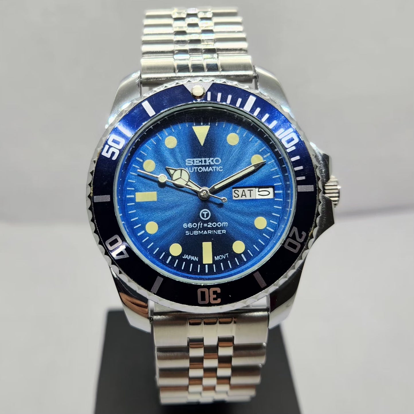 Vintage MOD Seiko Sports Automatic Cal. 6309 17 Jewels Blue Face Jubilee Bracelet Rotating Bezel Men's Wrist Watch P9