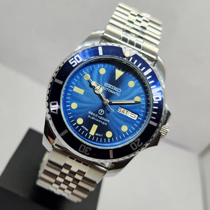 Vintage MOD Seiko Sports Automatic Cal. 6309 17 Jewels Blue Face Jubilee Bracelet Rotating Bezel Men's Wrist Watch P9