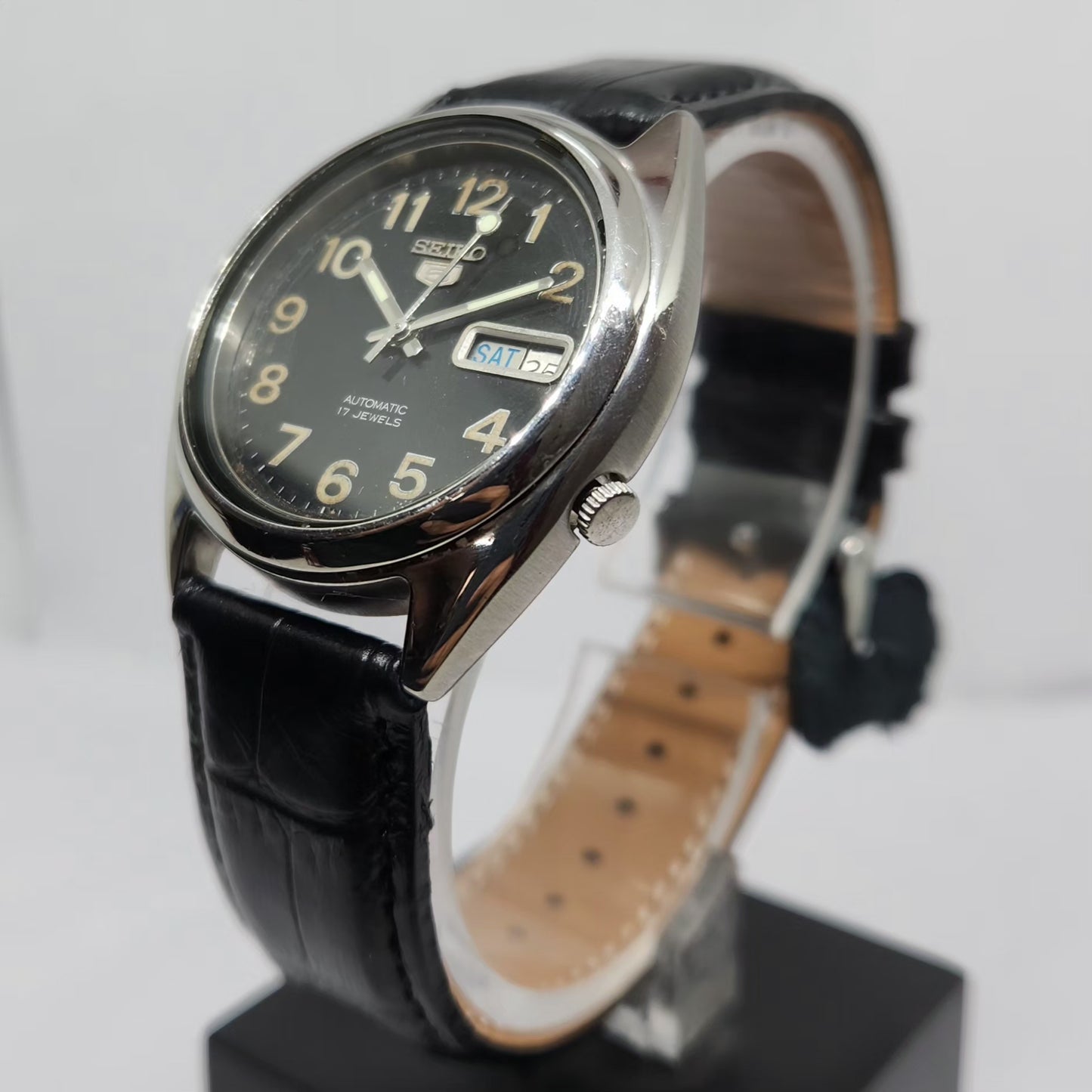Vintage 1999 Original Seiko 5 Automatic 7S26-3160 Black Face 21 Jewels Day-Date Japanese Men's Wrist Watch OG359