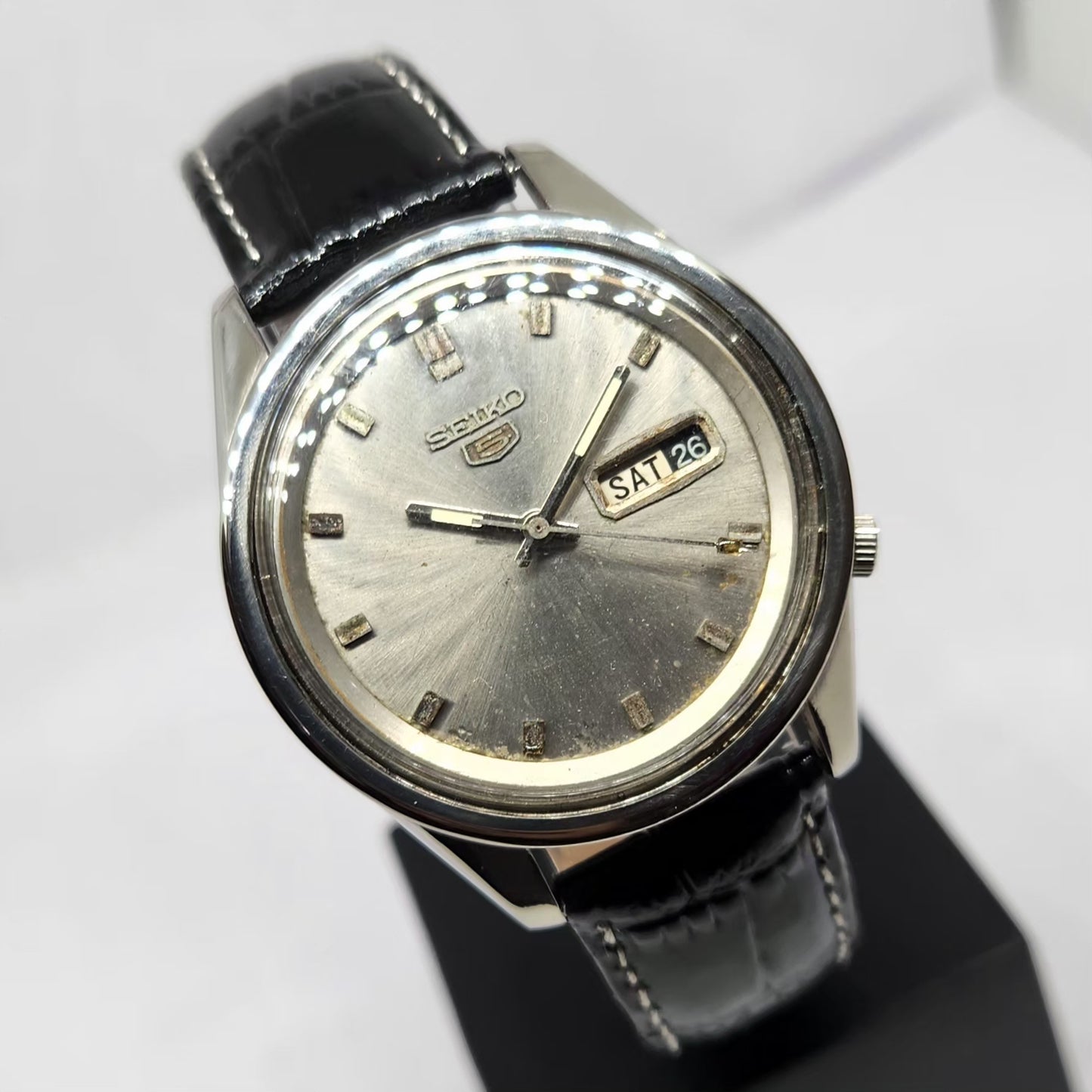 Vintage 1970 Original Seiko 5 Automatic 6119 Silver Face 21 Jewels Day-Date Japanese Men's Wrist Watch OG369