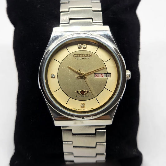 Vintage 1980 Original Citizen Automatic 8200 Gold Face 36MM Case Day-Date Japanese Men's Wrist Watch CT07
